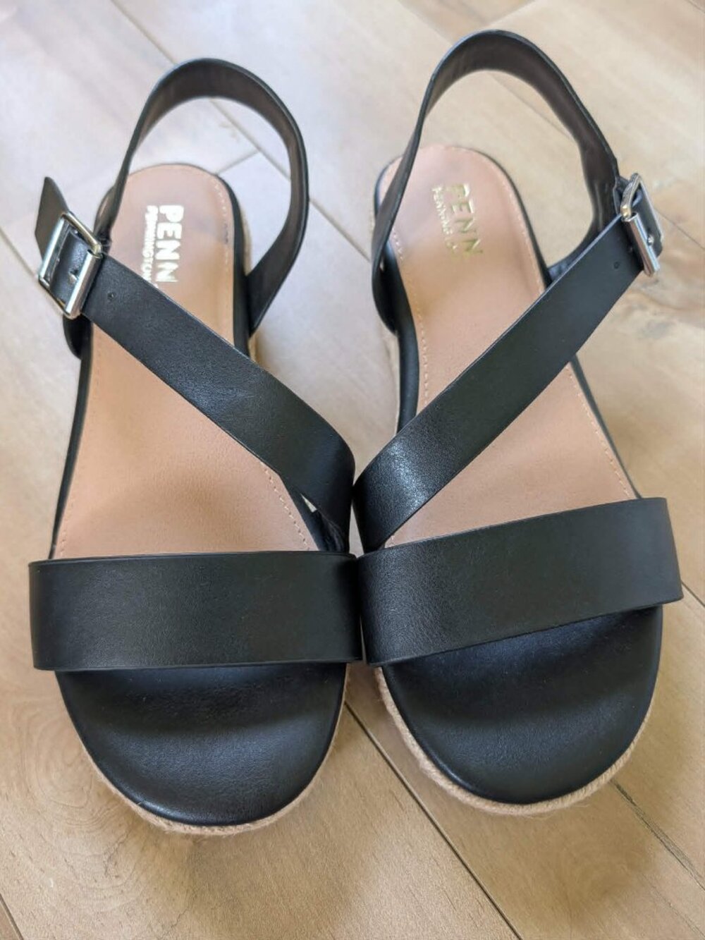 Penn Black Espadrille Wedge Sandals Ankle Strap Wide Width 7WW EU 37.5